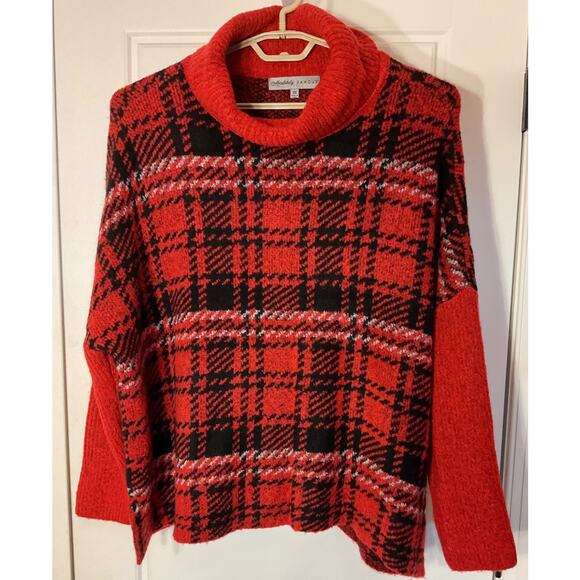 Almost Famous Sweaters - Almost Famous Red & Black Plaid Cowl Neck Long Sleeve Sweater 3X